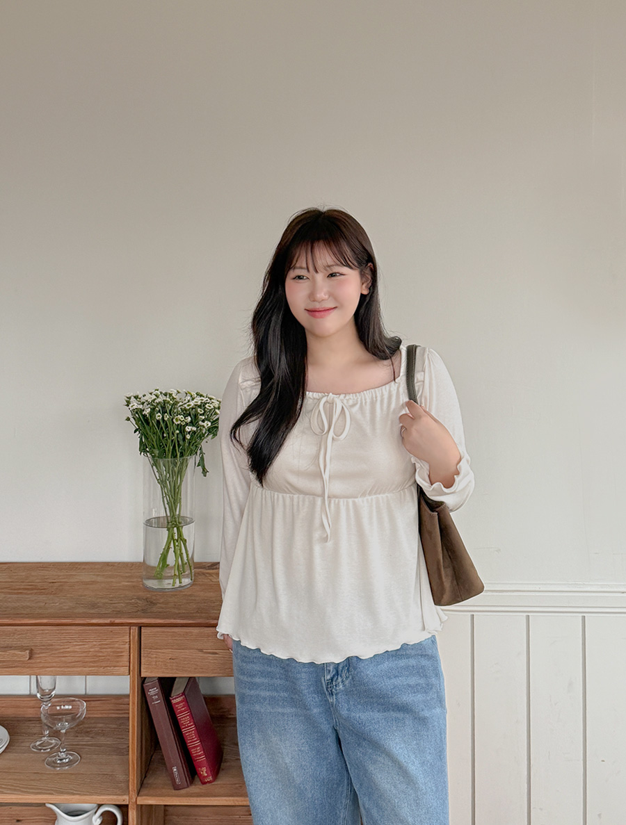 [EVELLET] Newtev Waistband Bowknot Shirring Wave T-Shirt Blouse