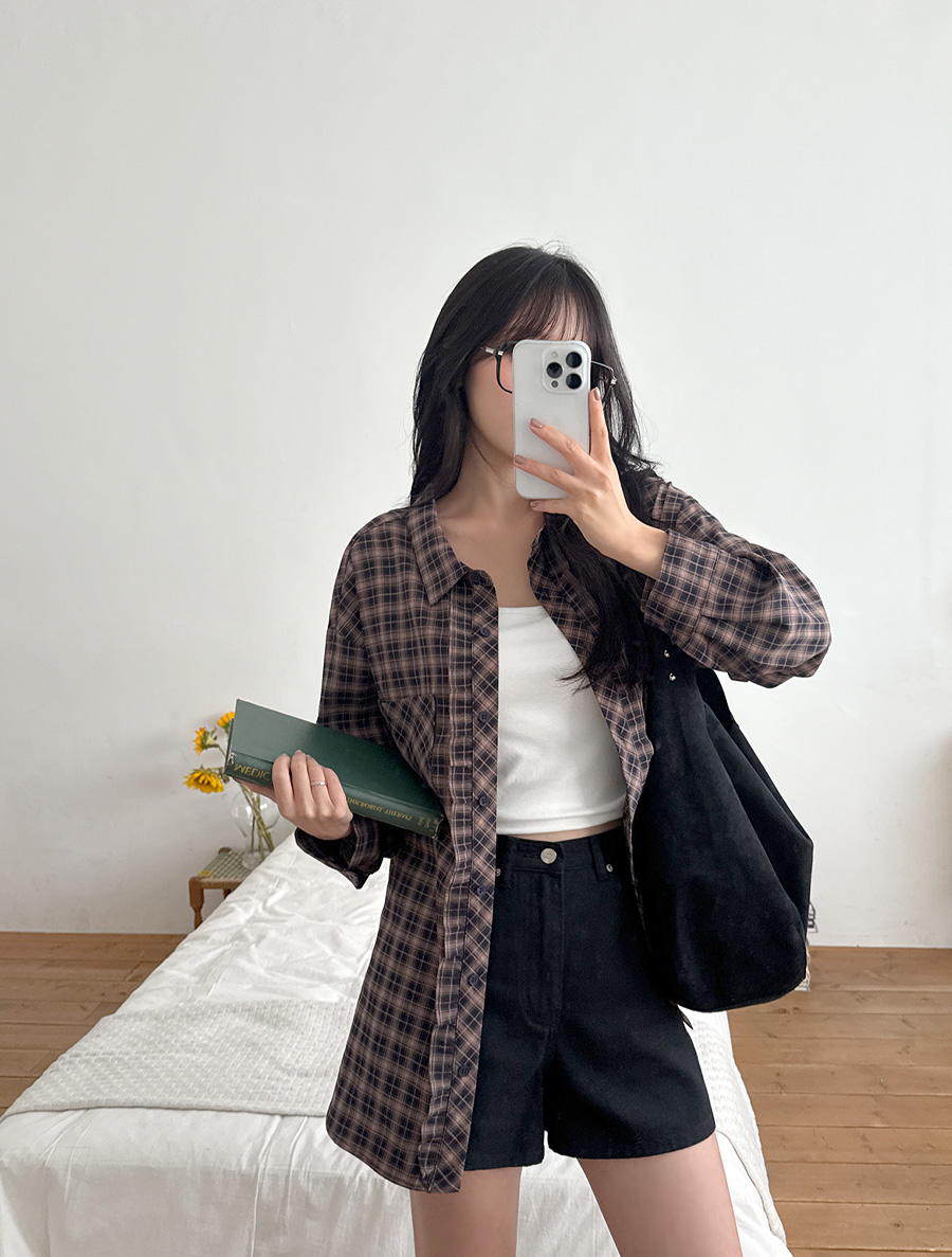 [EVELLET] Hatiel loose fit Frill Plaid Check Shirt