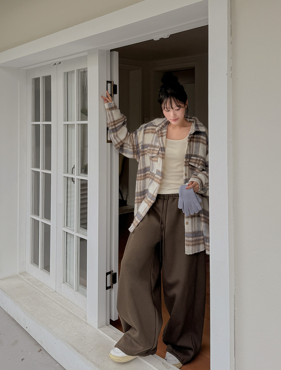 [EVELLET] Pewter fleece pintuck string long waistband pants