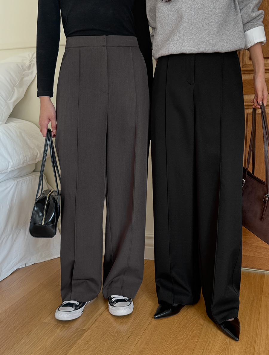 [EVELLET] Benleti Back Banding Pin Tuck Semi-Wide Slacks