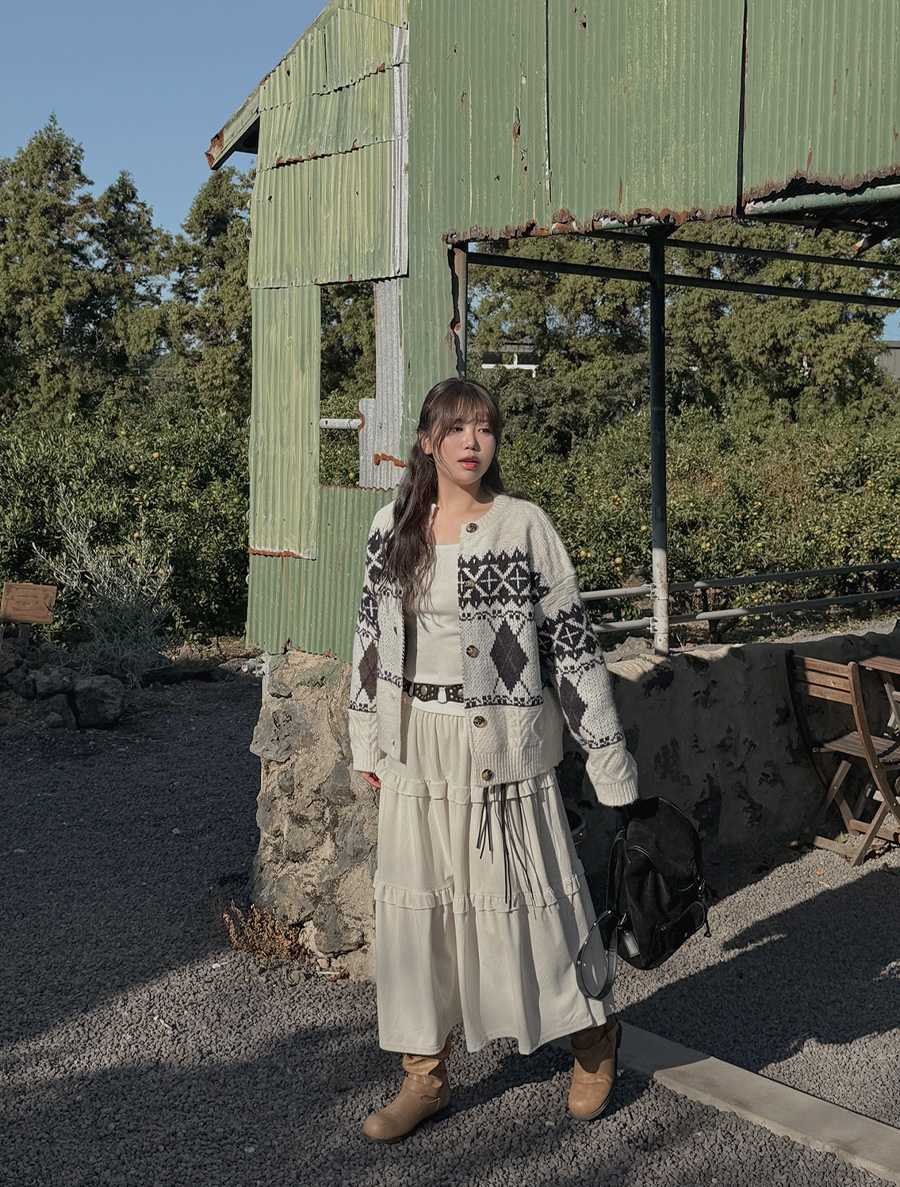 New Hemp Corduroy Frill Tiered Long Skirt