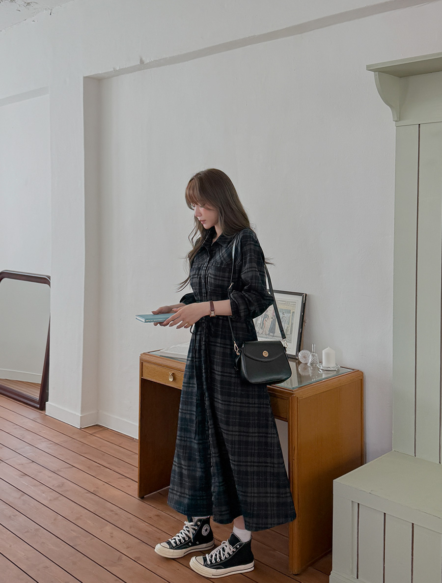 Pintove Plaid Check string Long Dress