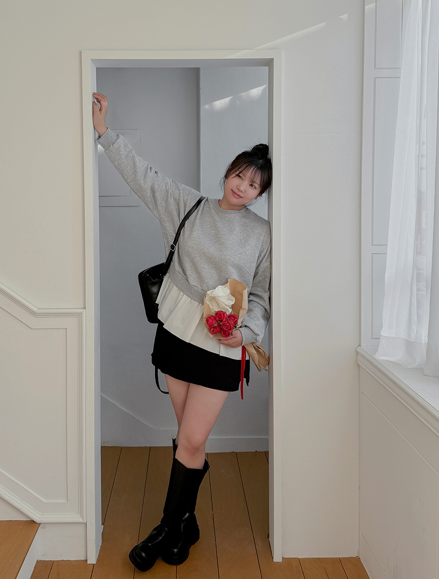 [EVELLET]Romua fleece layered Contrast Shirt Labels Sweatshirt