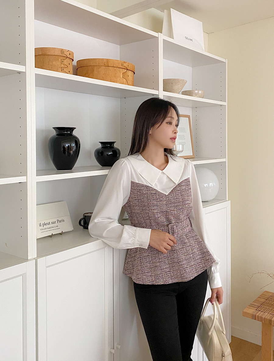 [EVELLET] Roted Tweed Contrast Blouse