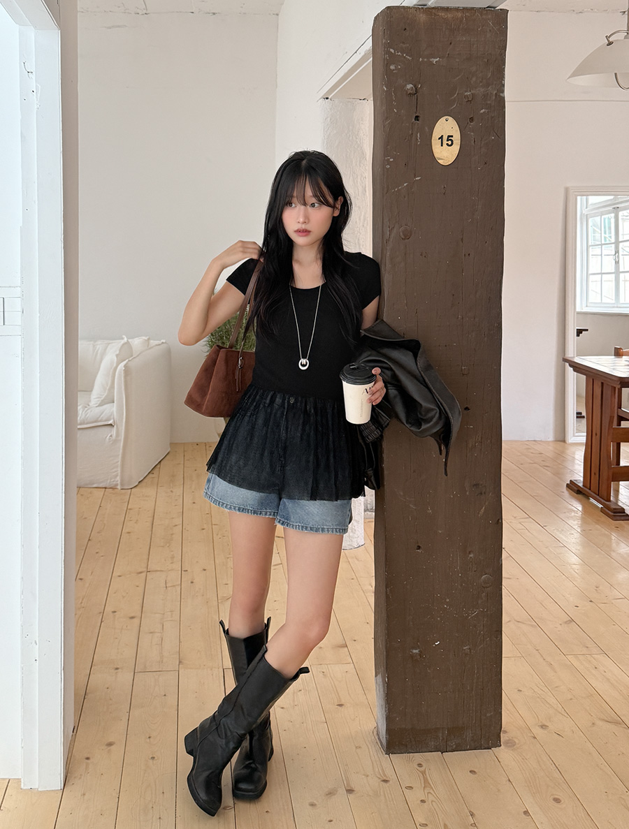 [EVELLET]Dennere Shirring Frill Layered T-shirt Blouse