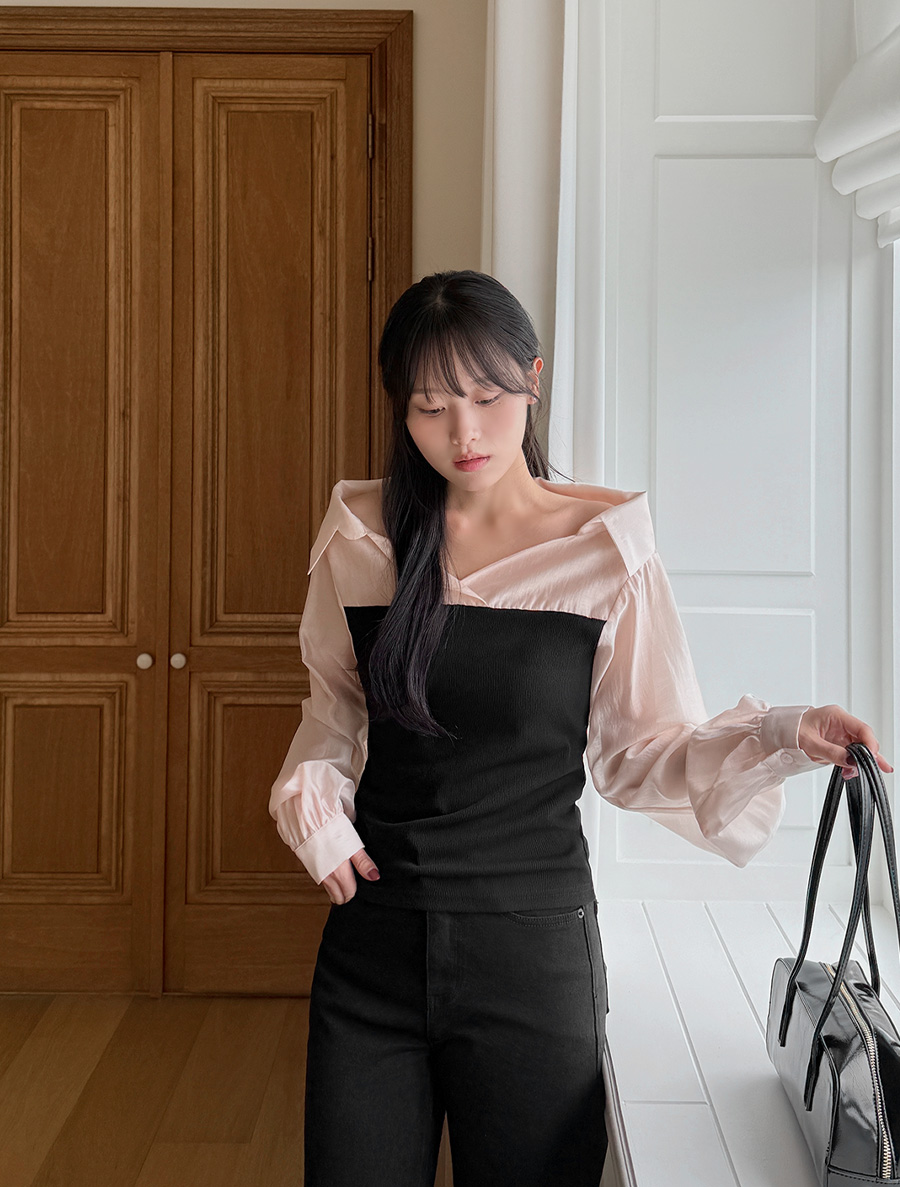 [EVELLET] Limren See-through look Off-shoulder T-shirt blouse