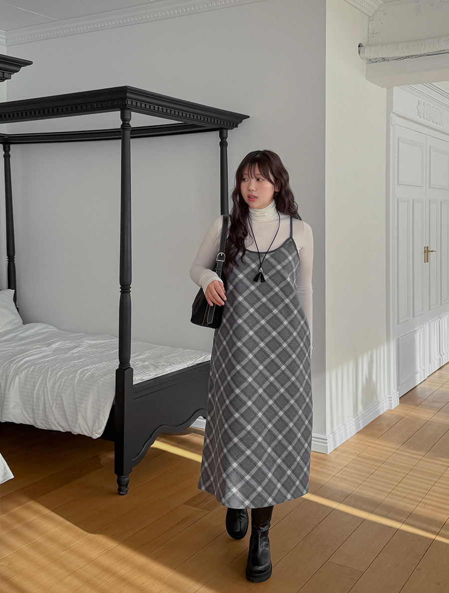 Poenen Peach Fleece Plaid Check Bustier Long Dress