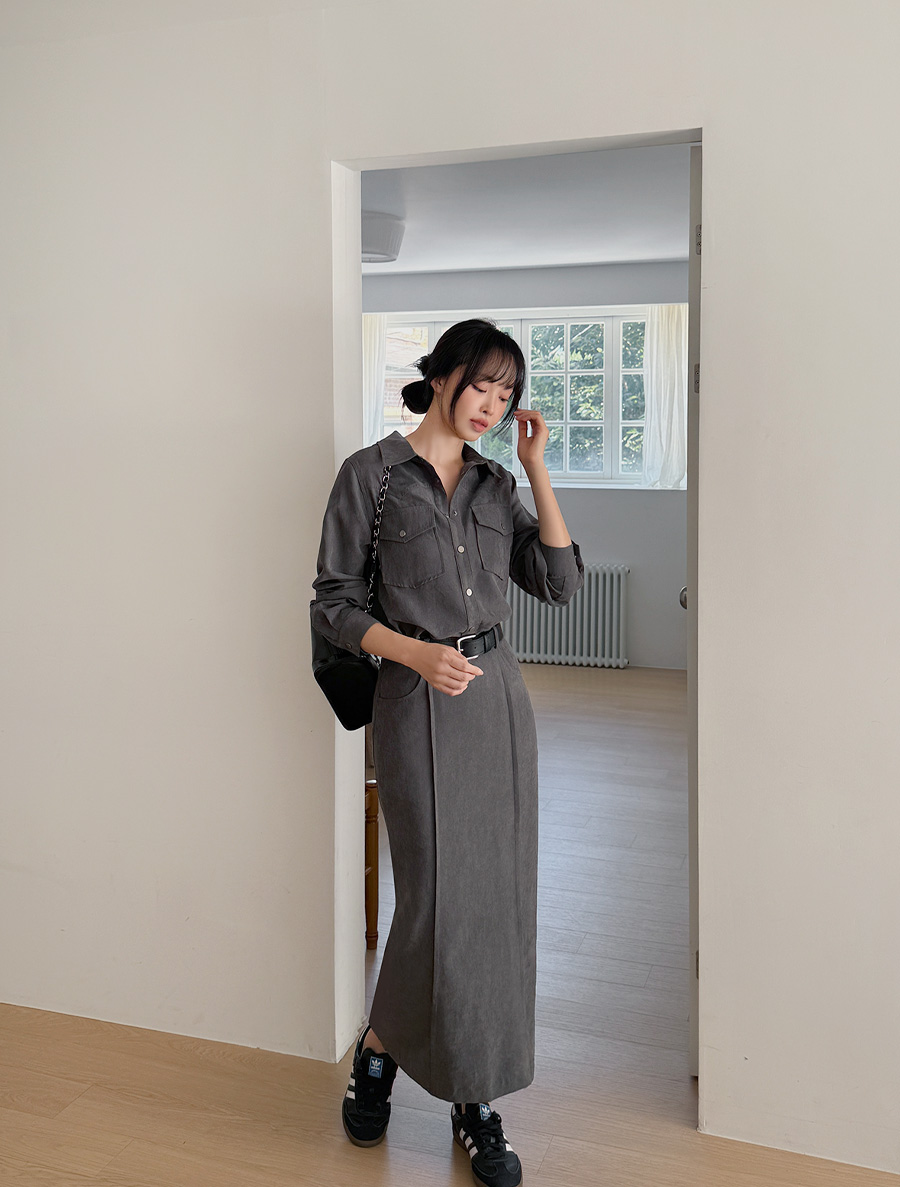 [EVELLET] Melting Pocket Shirt Long Skirt SET