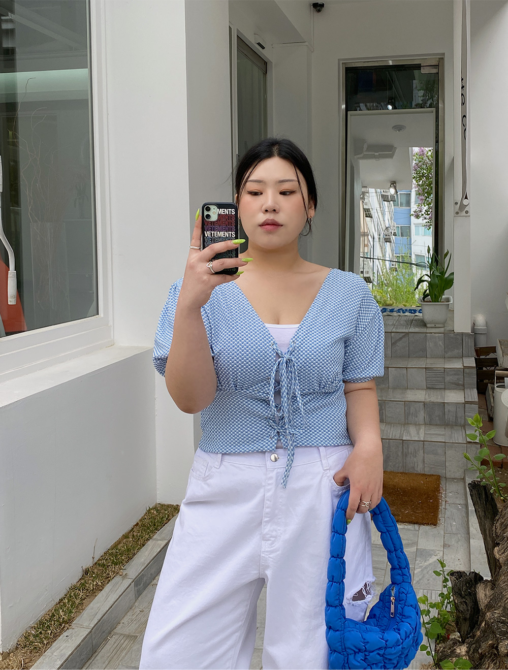 [EVELLET]Lucky You Plaid Check Eyelet Tea Blouse