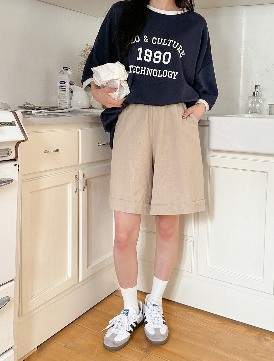 [EVELLET]Meunin Linen Pedal pushers Waistband Pants