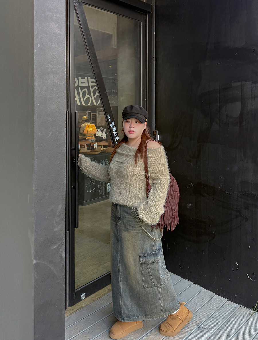 [EVELLET] Julia Tin Washing Cargo Denim Long Skirt by Length