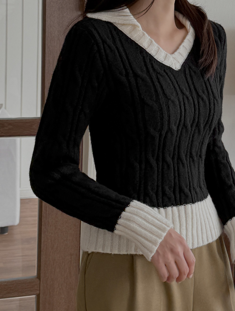 [EVELLET]Nifan Collar Contrast Knit