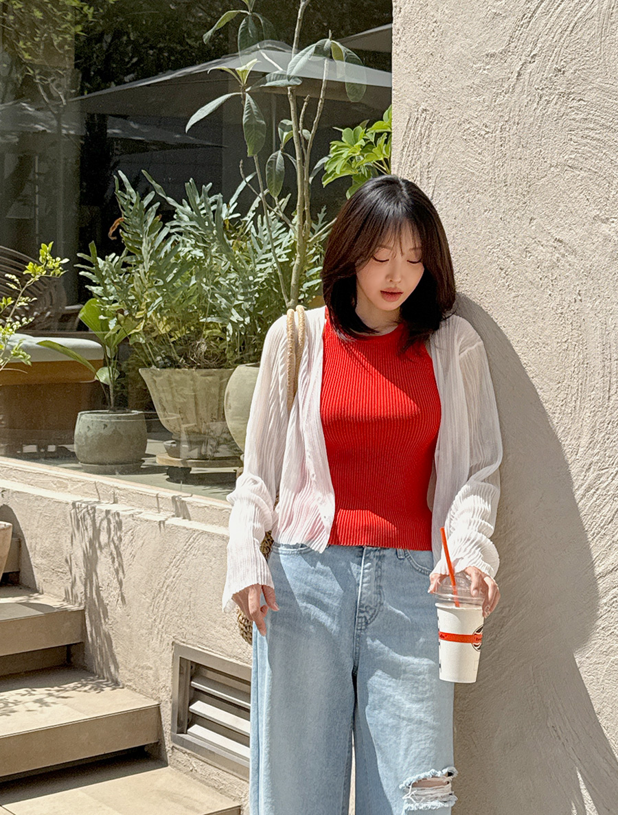 [EVELLET] See-through look Knit Cardigan by length