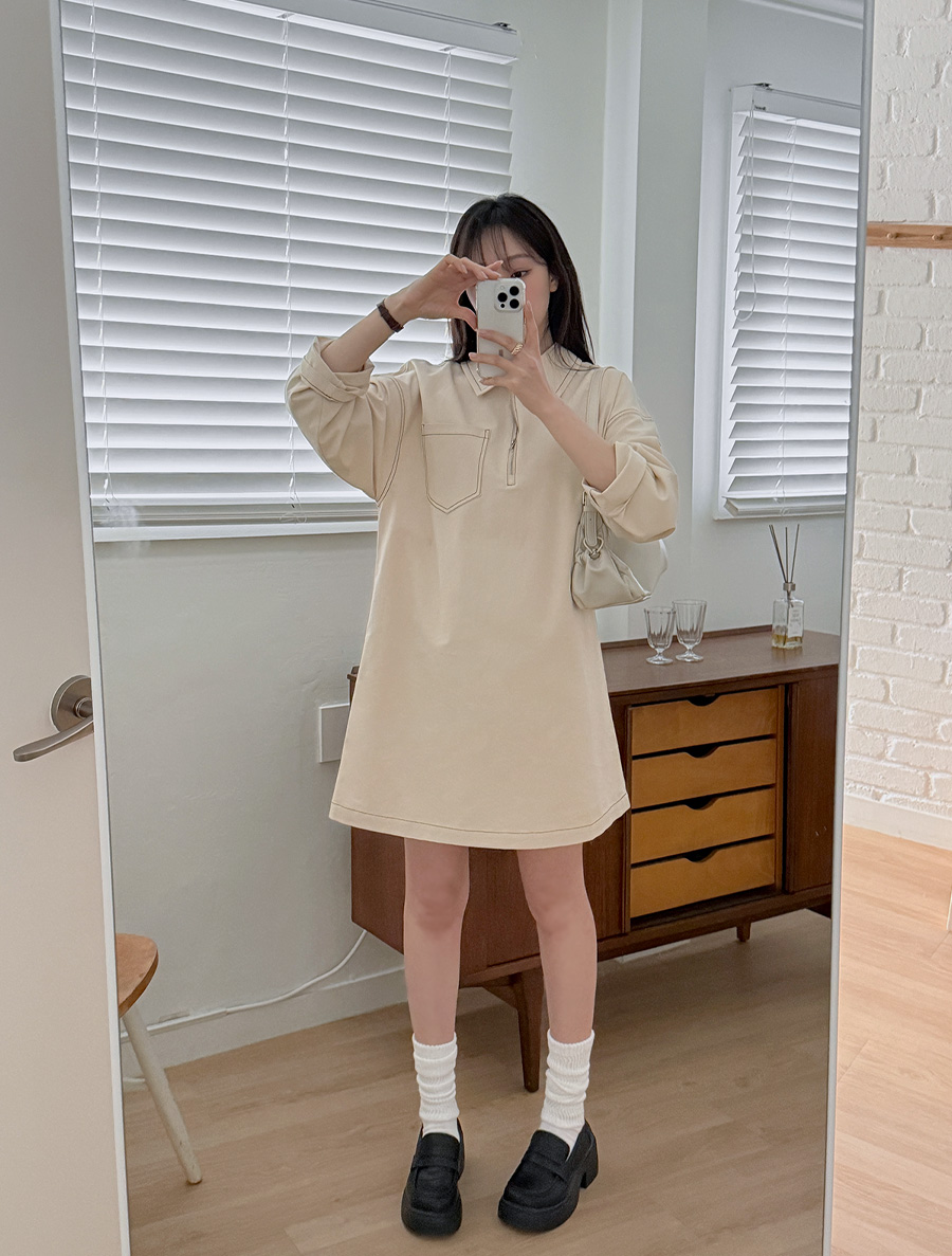 [EVELLET] Melbay color stitch half-zip mini one-piece