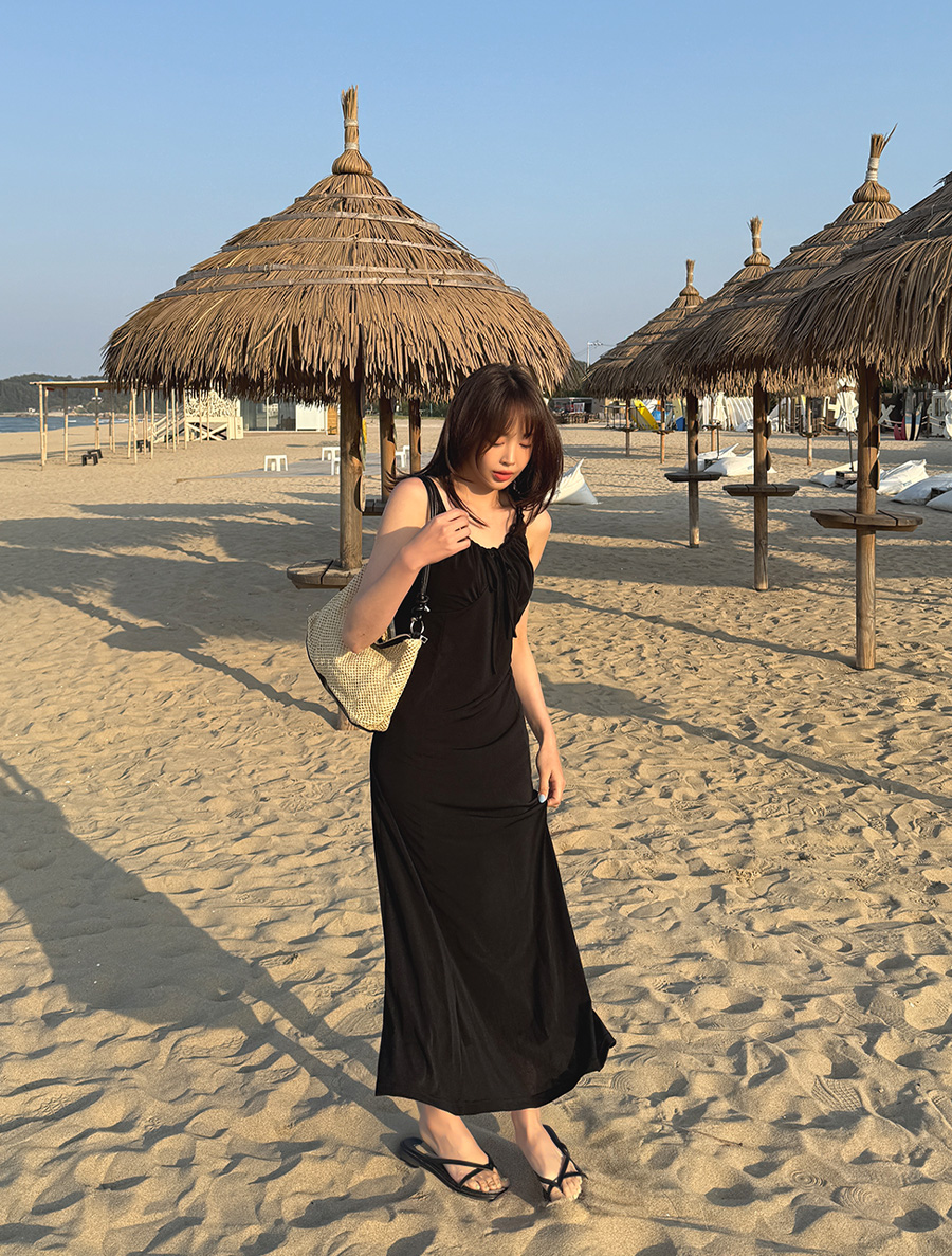 [EVELLET] Senriden bowknot shirring bustier cool dress