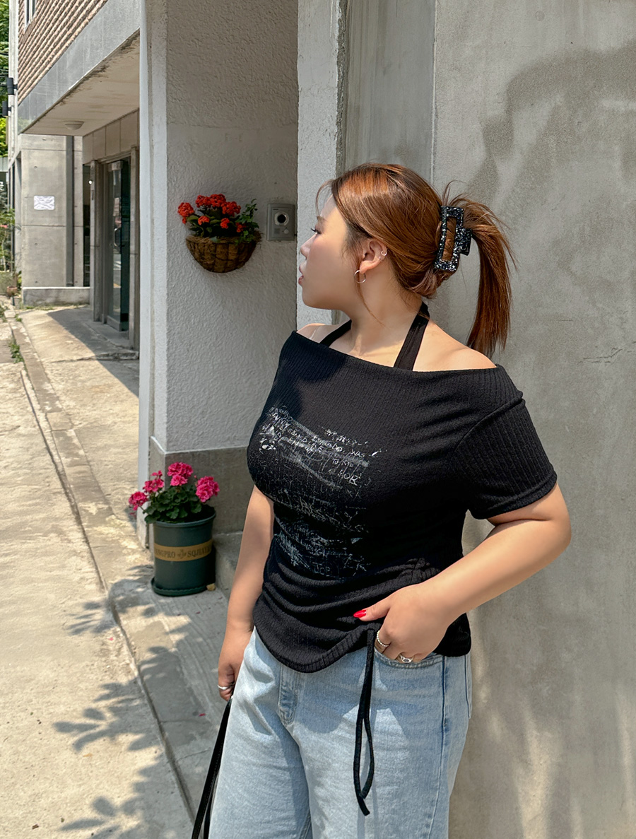 [EVELLET] Hera Holter Contrast Graphic Print Shirring T-shirt