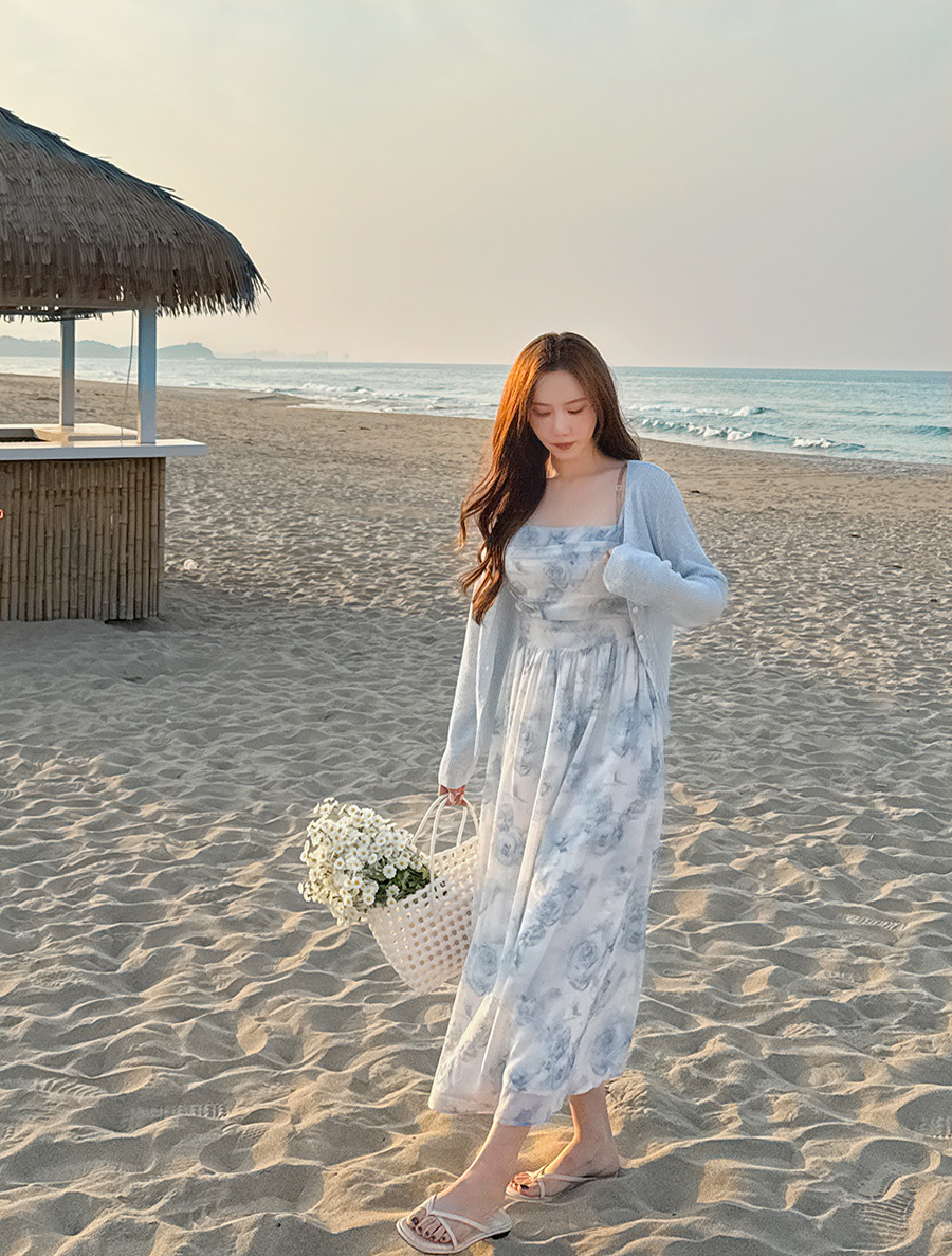 [EVELLET] Rosene Flower Smoke Bustier Long Dress