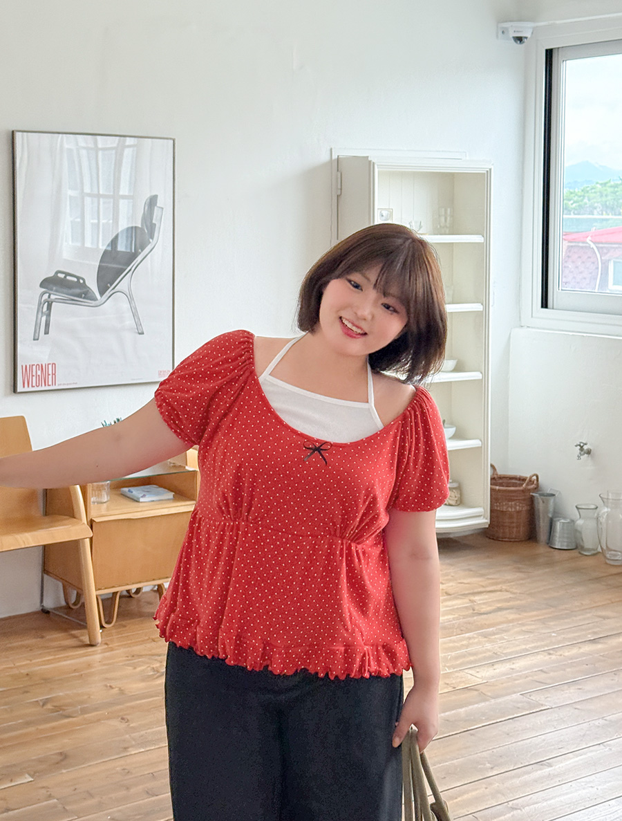 [Exclusive]Denson Dot Bowknot Shirring T-shirt