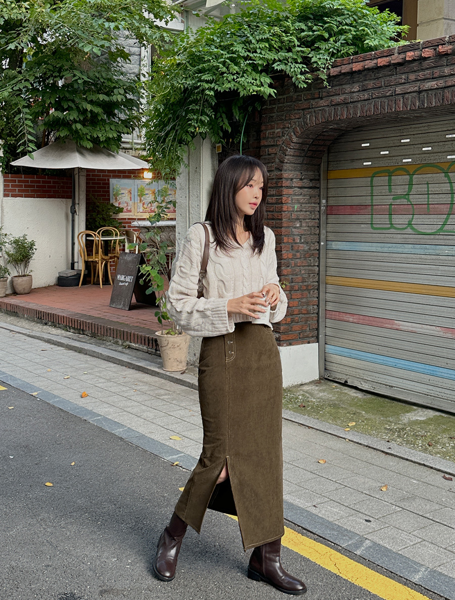 [EVELLET] Letter Corduroy Hline Team Long Skirt