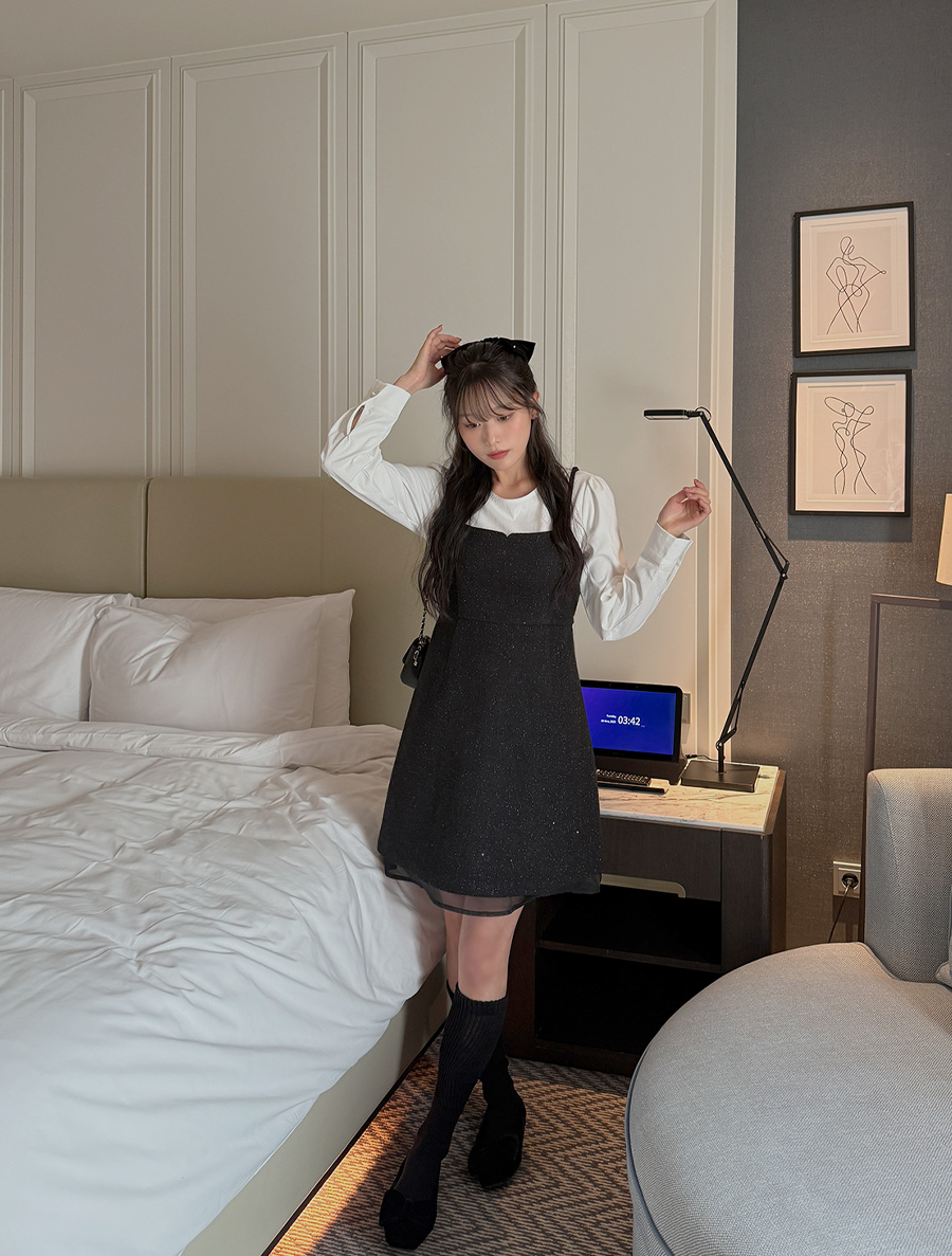 [EVELLET] Mudian Tweed Glitter Bustier Mini Dress