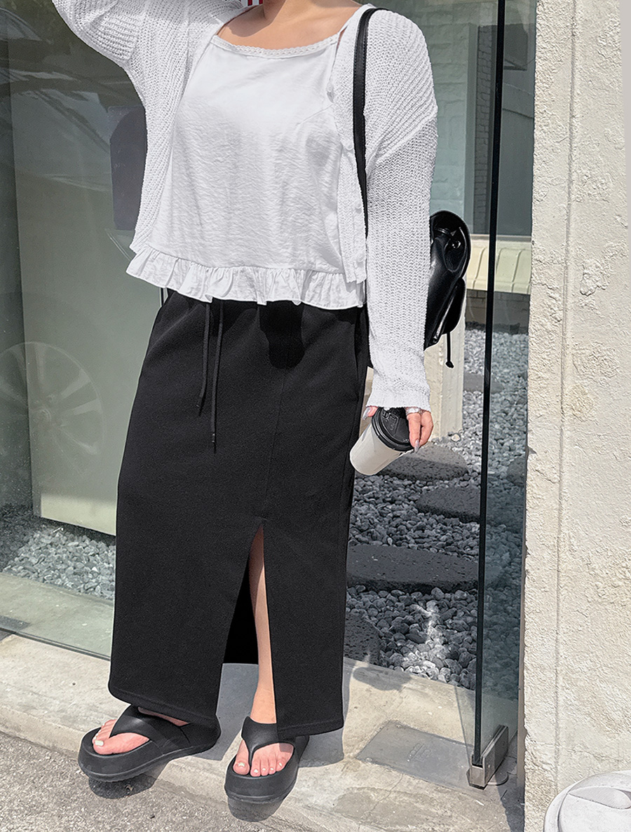 [EVELLET] Movidin Front-Slit Waistband Long Skirt